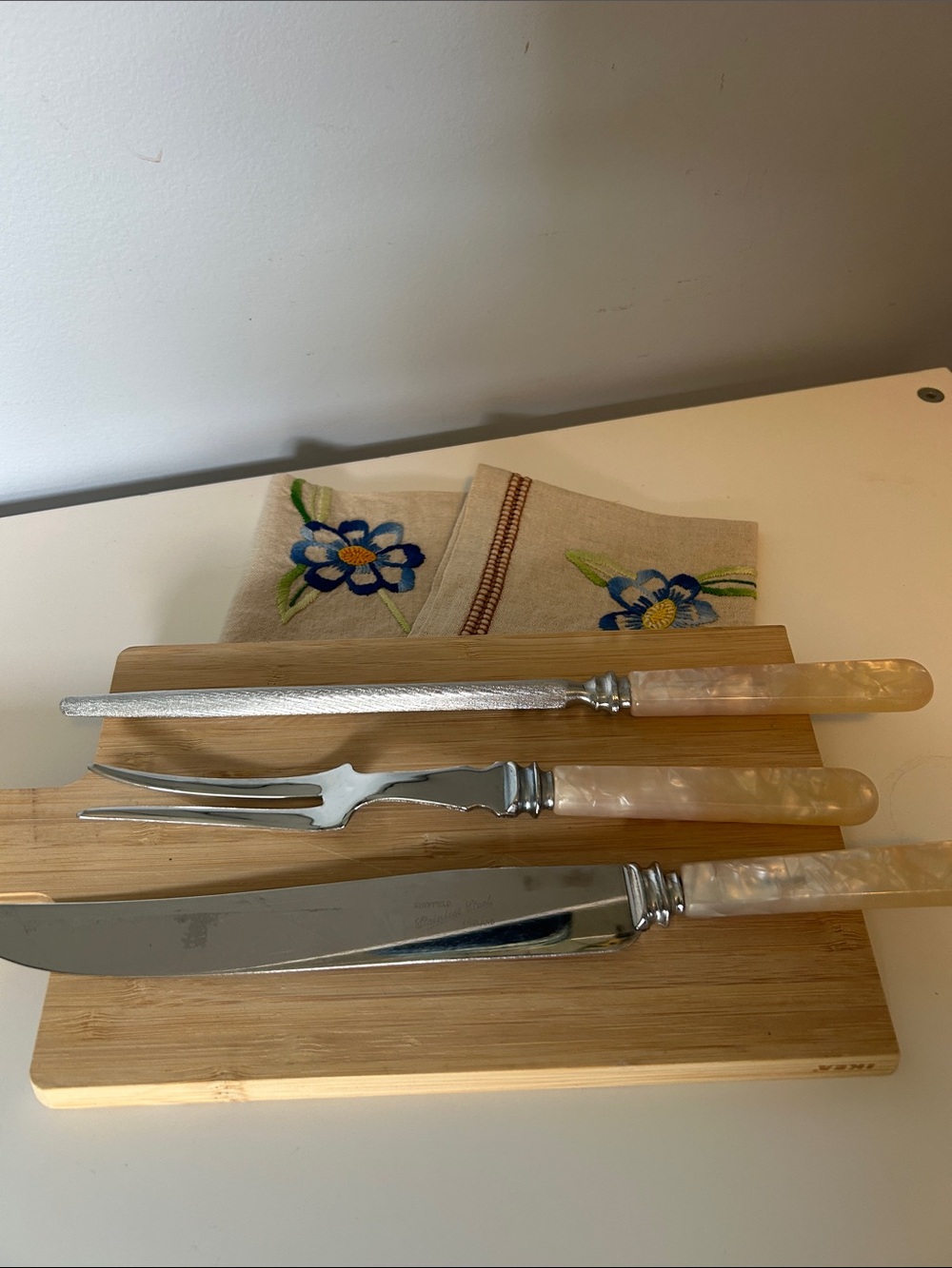 Vintage Sheffield England Carving Set Faux Pearl Handles